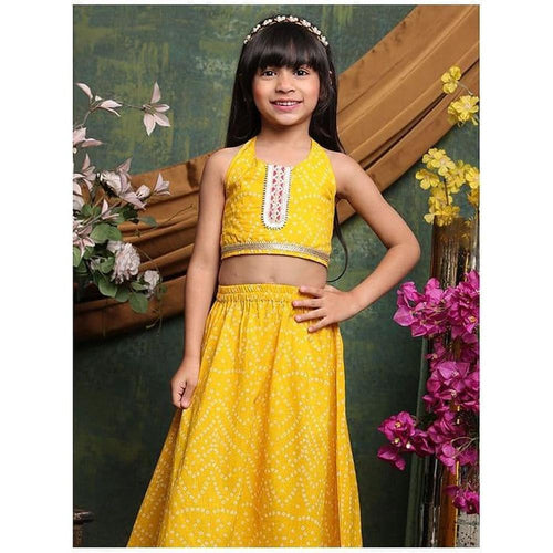 Saka Designs Girls Mustard Yellow Bandhani Printed Lehenga Choli Set | Sleeveless Blouse & Flared Skirt | Traditional Festive & Wedding Wear