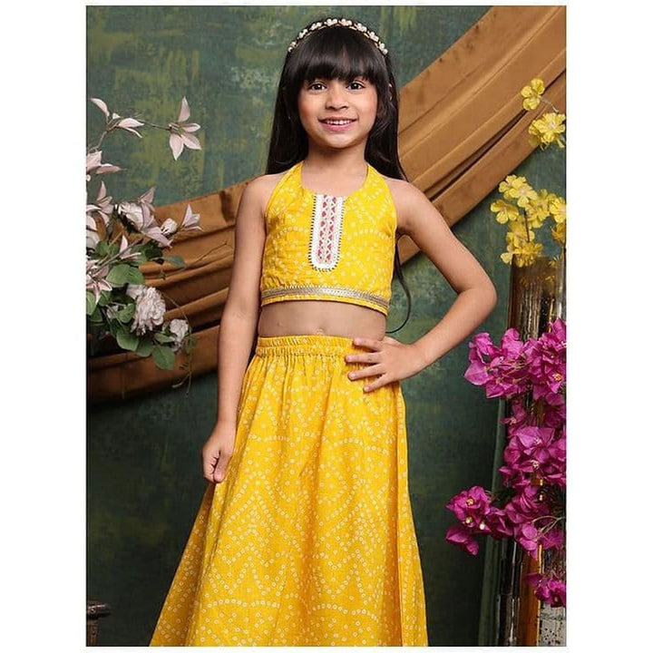 Saka Designs Girls Mustard Yellow Bandhani Printed Lehenga Choli Set | Sleeveless Blouse & Flared Skirt | Traditional Festive & Wedding Wear
