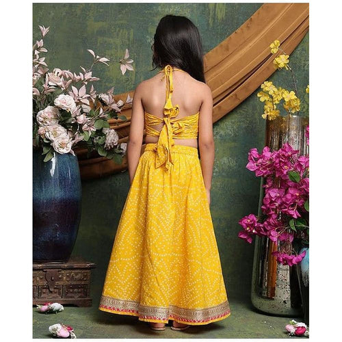 Saka Designs Girls Mustard Yellow Bandhani Printed Lehenga Choli Set | Sleeveless Blouse & Flared Skirt | Traditional Festive & Wedding Wear