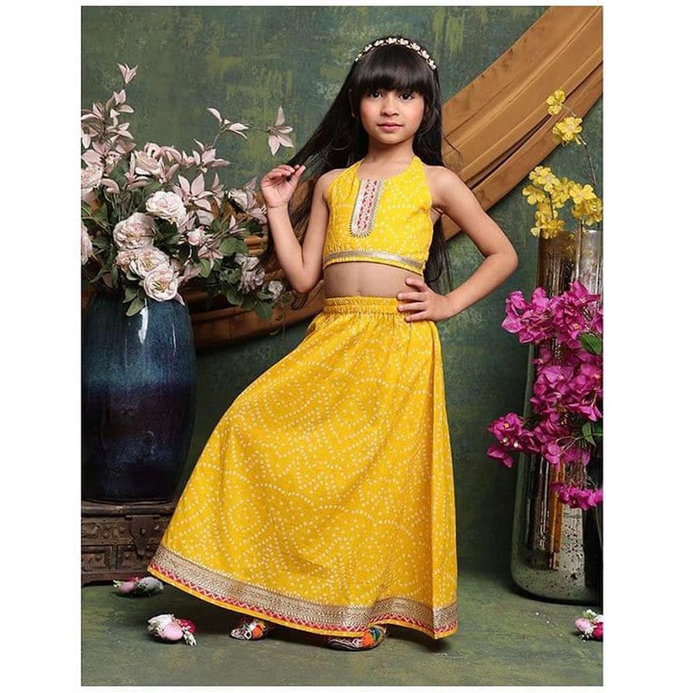 Saka Designs Girls Mustard Yellow Bandhani Printed Lehenga Choli Set | Sleeveless Blouse & Flared Skirt | Traditional Festive & Wedding Wear