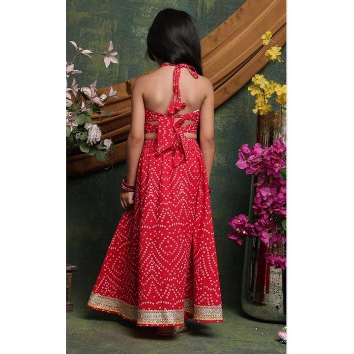 Saka Designs Girls Red Bandhani Printed Lehenga Choli Set | Sleeveless Embellished Blouse & Flared Skirt | Traditional Festive & Wedding Wear