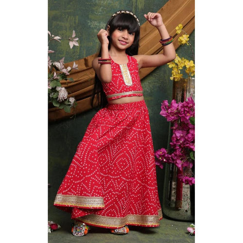 Saka Designs Girls Red Bandhani Printed Lehenga Choli Set | Sleeveless Embellished Blouse & Flared Skirt | Traditional Festive & Wedding Wear