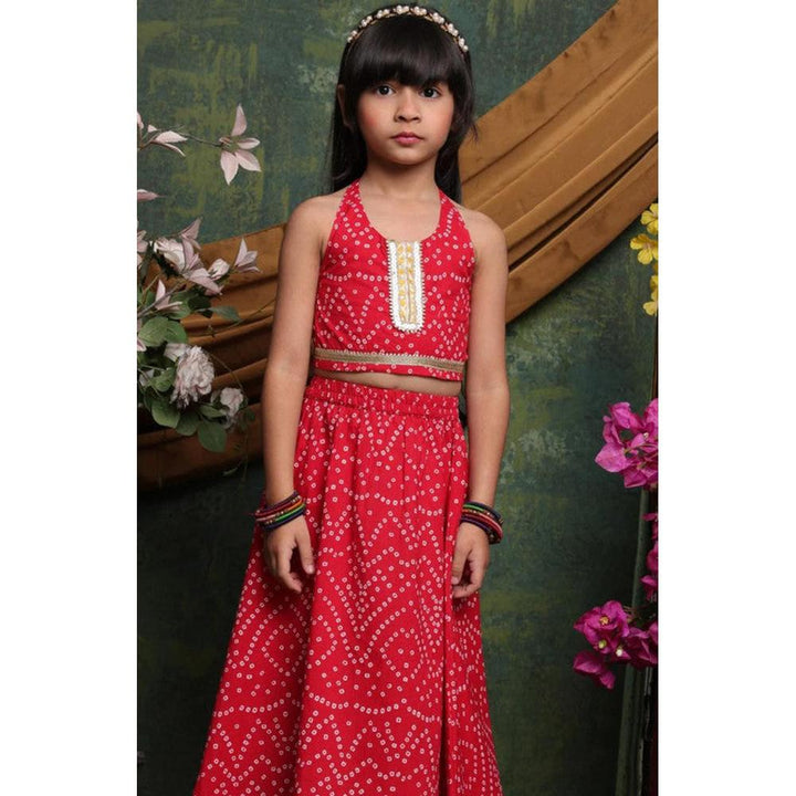 Saka Designs Girls Red Bandhani Printed Lehenga Choli Set | Sleeveless Embellished Blouse & Flared Skirt | Traditional Festive & Wedding Wear