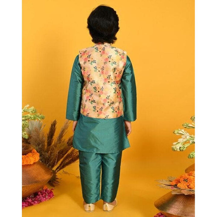 Saka Designs Boys Teal Green Floral Printed Jacket with Kurta & Pyjama Set | Satin Finish Ethnic Wear | Festive & Wedding Outfit