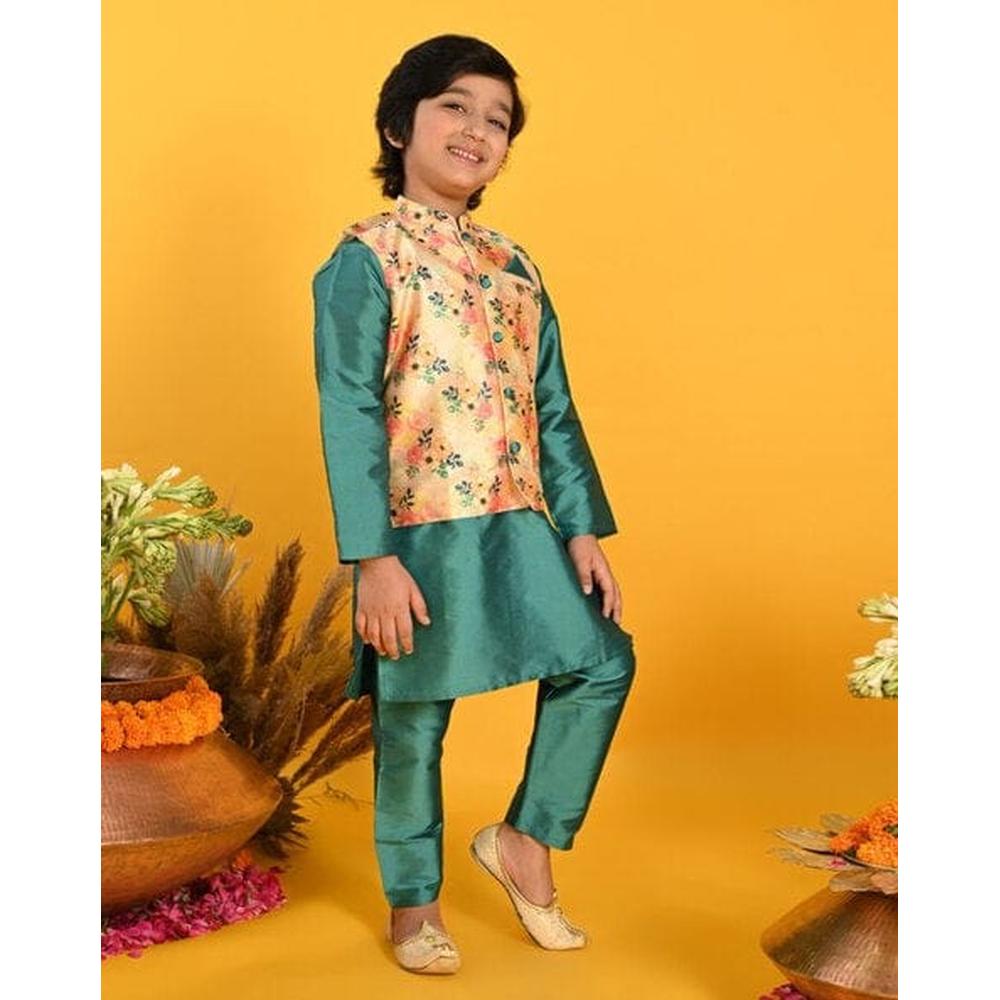 Saka Designs Boys Teal Green Floral Printed Jacket with Kurta & Pyjama Set | Satin Finish Ethnic Wear | Festive & Wedding Outfit