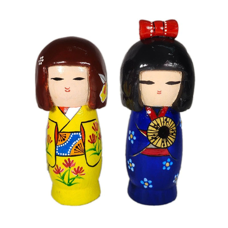 Handcrafted & Multicolored Painted Wooden Japanese Sisters (Dimensions: 142Mm)