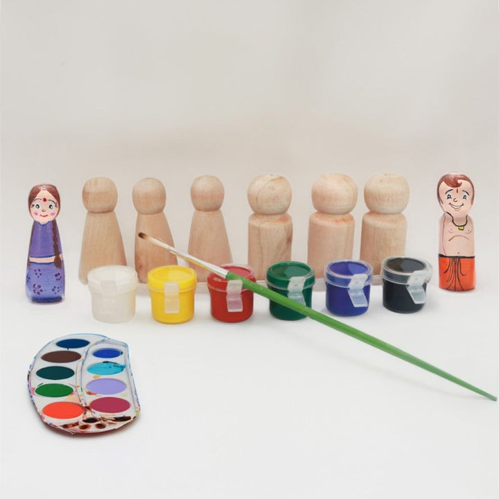 8 Pcs Unfinished & Finished Wooden Peg Doll - 6 Pcs Unfinished Wooden Peg Doll + 2 Pcs Free Finished Angel Dolls As Samples for DIY Craft