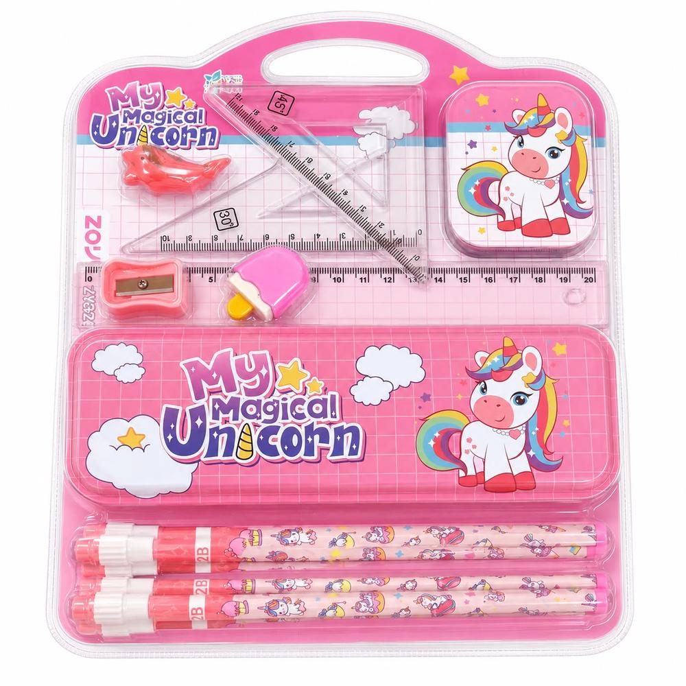 Unicorn Theme Stationery Gift | Pencil Box Kit with Pencils, Rulers & Sharpener for Kids & Students