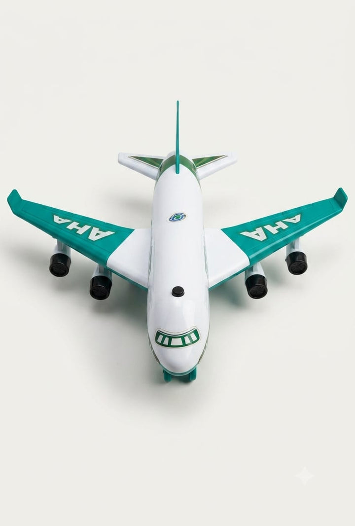 UA Toys Hindal AHA Aeroplane Toy | Friction Powered Airplane with Sound | Openable Wings- White & Green