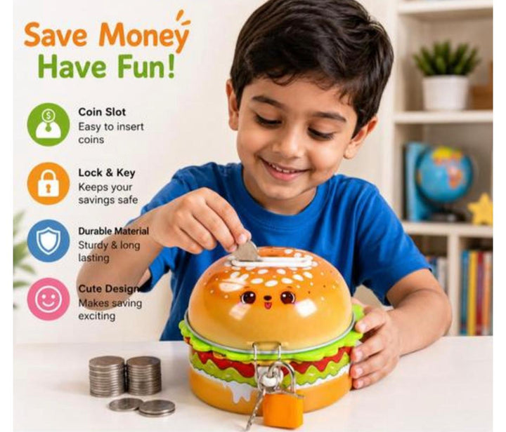 Burger Shape Money Bank with Lock & Key | Cute Coin Saving Piggy Bank for Kids