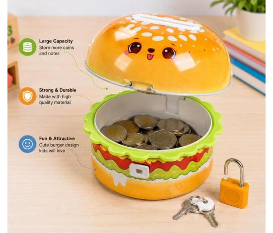 Burger Shape Money Bank with Lock & Key | Cute Coin Saving Piggy Bank for Kids