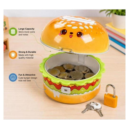 Burger Shape Money Bank with Lock & Key | Cute Coin Saving Piggy Bank for Kids