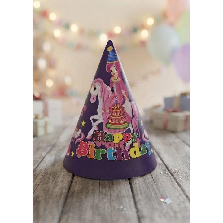 Kids Happy Birthday Party Cone Hats – Pink Unicorn Theme (Pack of 12)- Pink & Purple