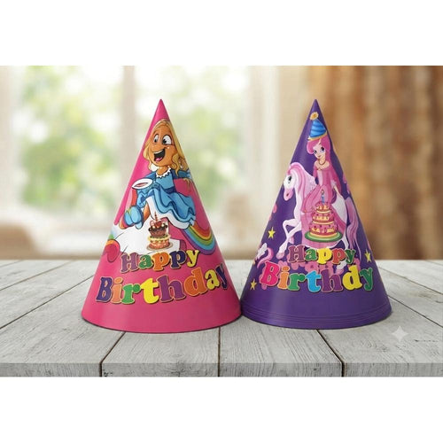 Kids Happy Birthday Party Cone Hats – Pink Unicorn Theme (Pack of 12)- Pink & Purple