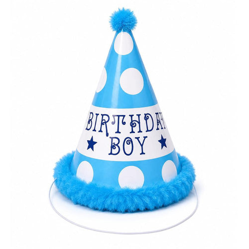 Birthday Boy Party Cone Hats with Elastic Chin Straps(Pack of 6)- Blue