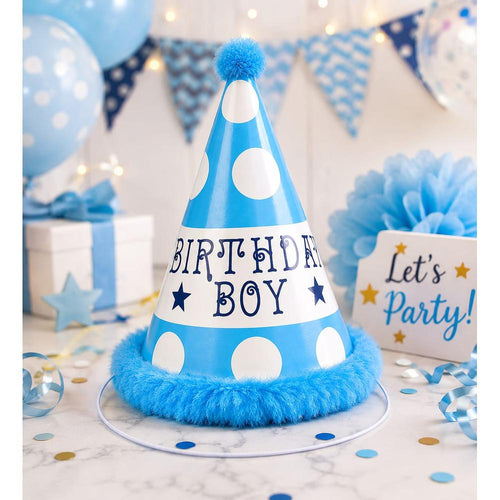 Birthday Boy Party Cone Hats with Elastic Chin Straps(Pack of 6)- Blue