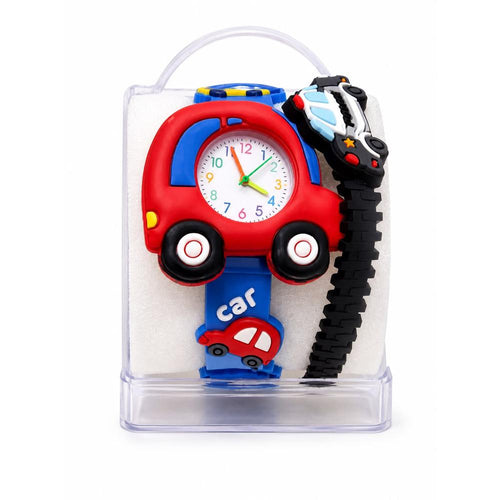 Kids Car Theme Analog Watch | Red & Blue Cartoon Wrist Watch with Wrist Band