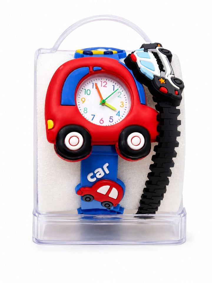 Kids Car Theme Analog Watch | Red & Blue Cartoon Wrist Watch with Wrist Band