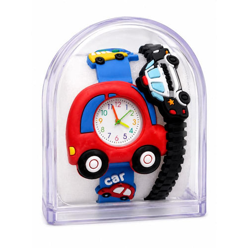 Kids Car Theme Analog Watch | Red & Blue Cartoon Wrist Watch with Wrist Band