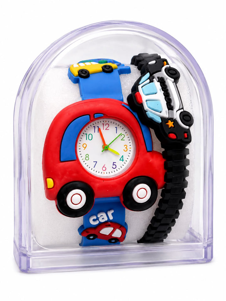 Kids Car Theme Analog Watch | Red & Blue Cartoon Wrist Watch with Wrist Band