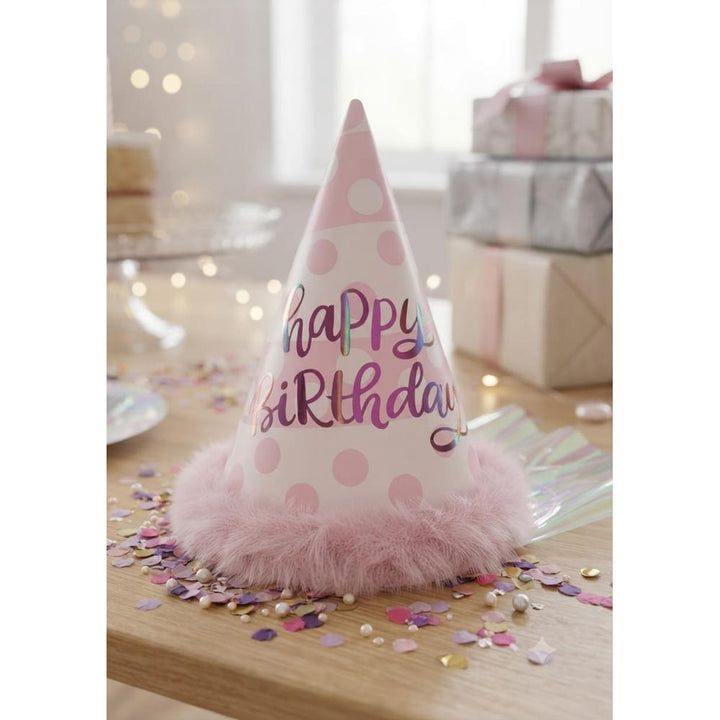 Birthday Party Cone Hats with Elastic Chin Straps (Pack of 6)- Pink