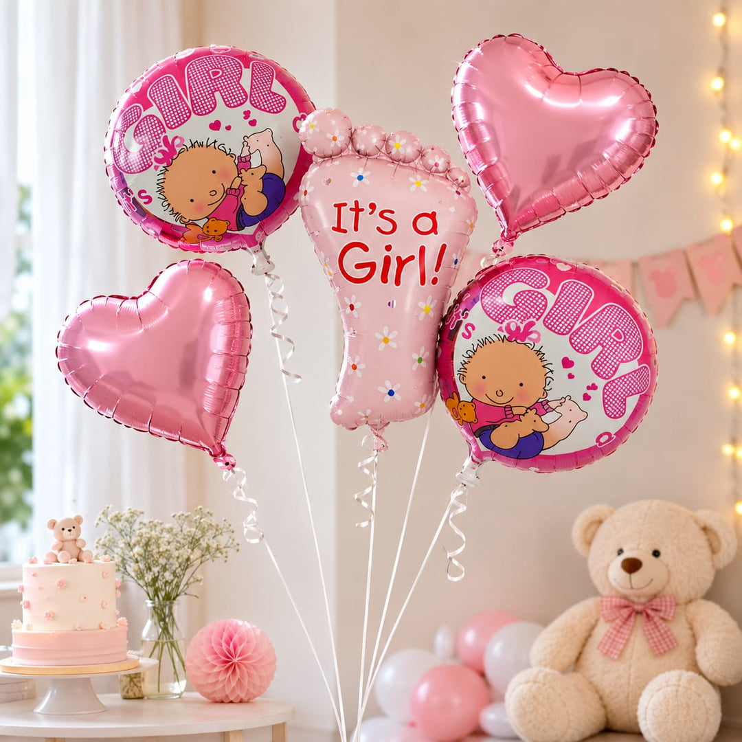 It's a Girl Foil Balloon Decoration Set(2 Heart Foil Balloons (45 cm), 2 Round "Girl" Printed Foil Balloons (45 cm), 1 Baby Foil Balloon (Approx. 75 × 45 cm), Inflation Straw)- Pink