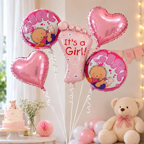 It's a Girl Foil Balloon Decoration Set(2 Heart Foil Balloons (45 cm), 2 Round "Girl" Printed Foil Balloons (45 cm), 1 Baby Foil Balloon (Approx. 75 × 45 cm), Inflation Straw)- Pink