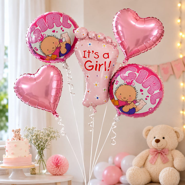 It's a Girl Foil Balloon Decoration Set(2 Heart Foil Balloons (45 cm), 2 Round "Girl" Printed Foil Balloons (45 cm), 1 Baby Foil Balloon (Approx. 75 × 45 cm), Inflation Straw)- Pink
