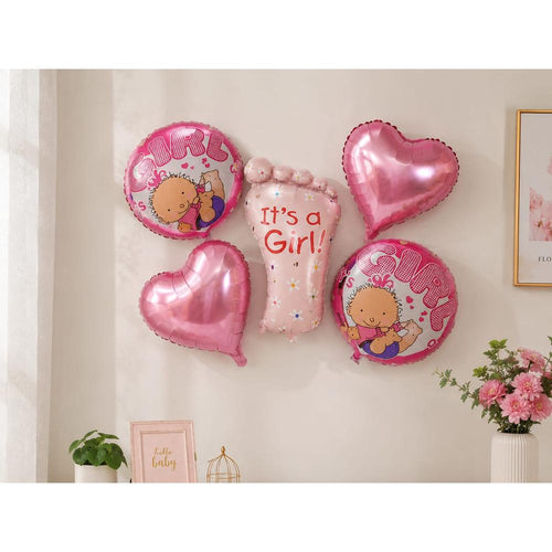 It's a Girl Foil Balloon Decoration Set(2 Heart Foil Balloons (45 cm), 2 Round "Girl" Printed Foil Balloons (45 cm), 1 Baby Foil Balloon (Approx. 75 × 45 cm), Inflation Straw)- Pink