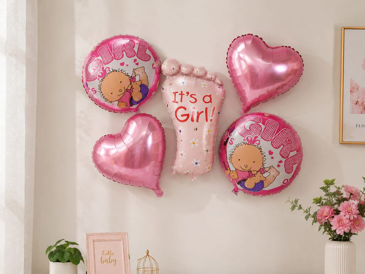 It's a Girl Foil Balloon Decoration Set(2 Heart Foil Balloons (45 cm), 2 Round "Girl" Printed Foil Balloons (45 cm), 1 Baby Foil Balloon (Approx. 75 × 45 cm), Inflation Straw)- Pink