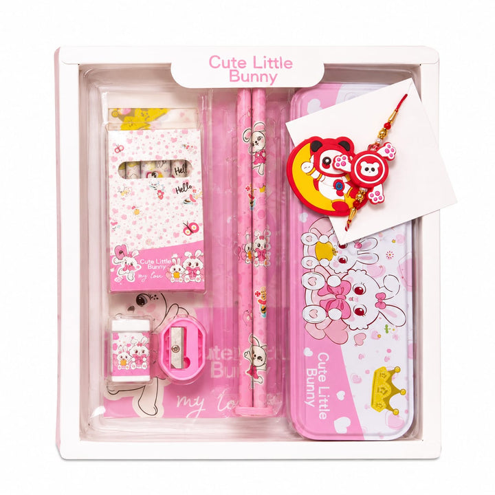 Ilearnngrow Bunny Princess Stationery Rakhi Combo | Bunny Pencil Box Set with bunny Rakhi for Kids