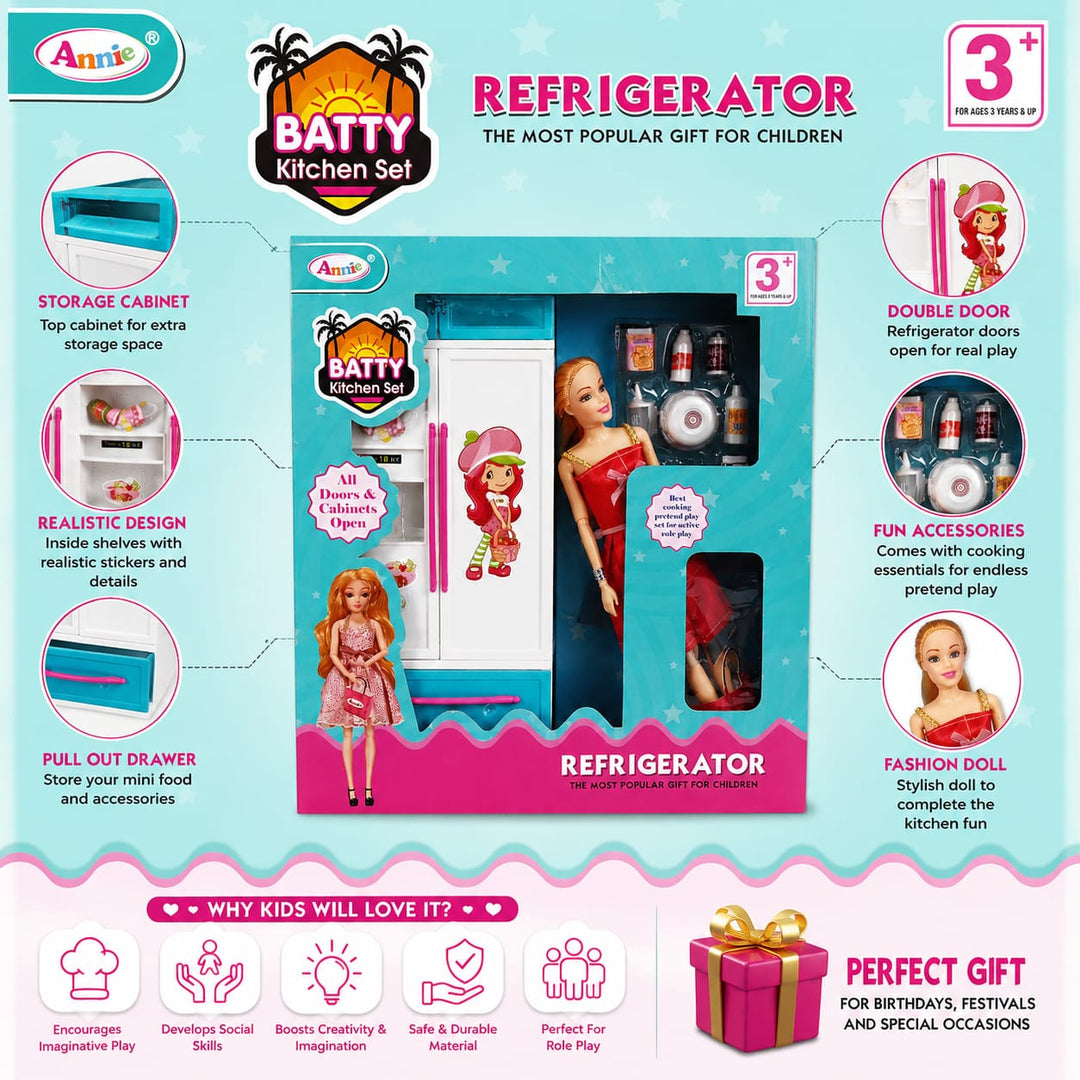 Batty Doll Kitchen Set with Refrigerator | Pretend Cooking & Role-Play Toy Set for Kids