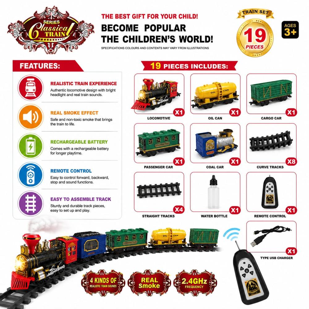 19-Piece Toy Train Set with Remote | Remote-Controlled Railway Play Set for Kids