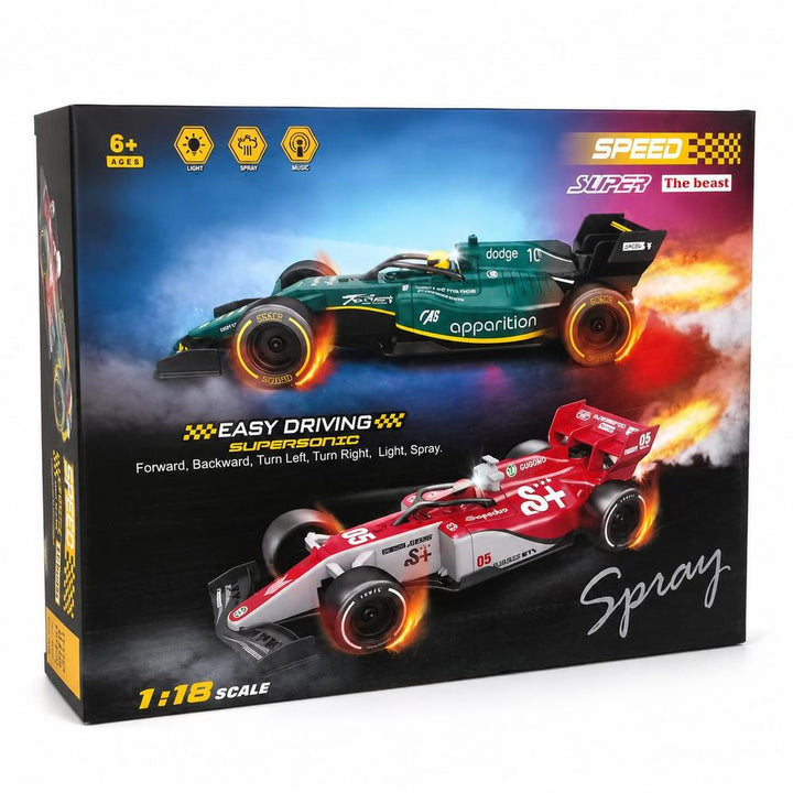 Toyboi Remote Control Formula Speed Car with Lights & Spray | 1:18 Scale