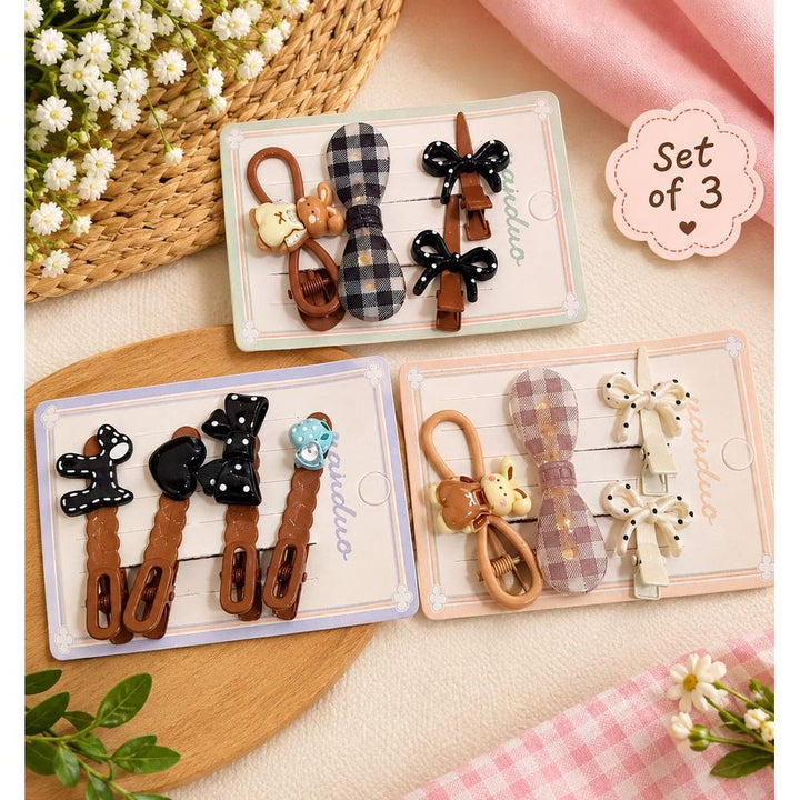 Set of 3 Brown & Beige Hair Clip Sets | 3 Clips in Each Set | Kanya Pujan Gift