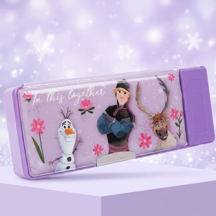 Licensed Disney Frozen Double-Sided Pencil Box with Built-in Sharpener for Kids | School Stationery Organizer