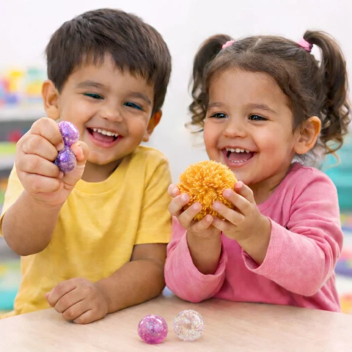 Scoobies Dazzle Drop Balls – 3 Glitter Squishy + 1 Fuzzy Spiky Sensory Ball (Set of 4) | Stress Relief & Sensory Play