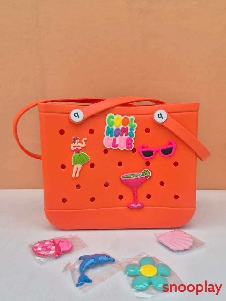 Large EVA Tote Bag with 8 Fun Charms - Waterproof & Durable (10 Years till Grown Ups) | Assorted Colors & Designs