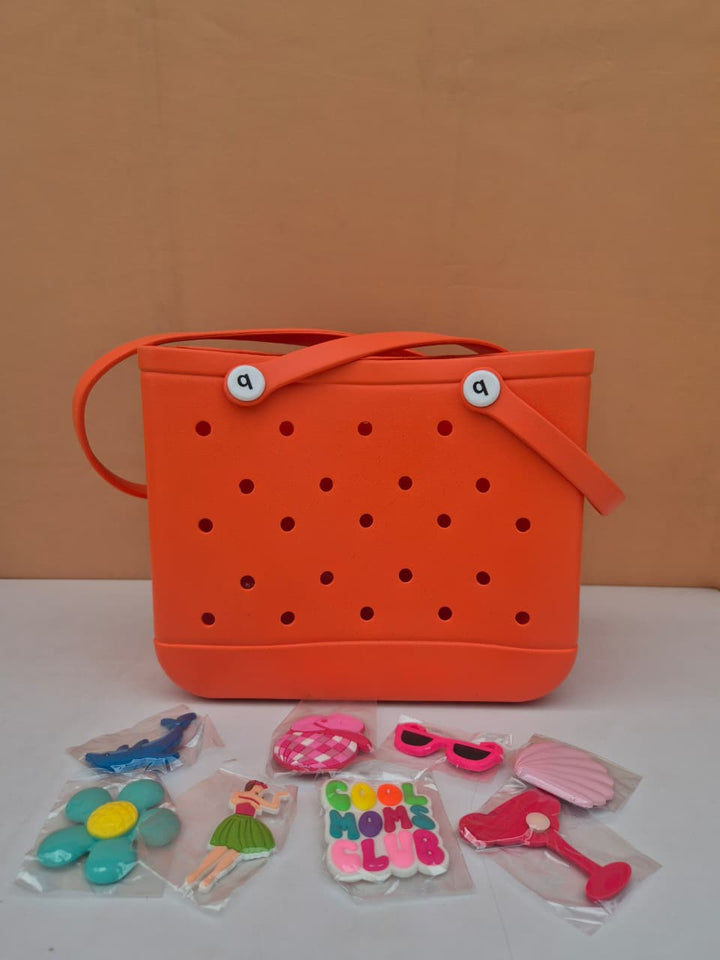 Large EVA Tote Bag with 8 Fun Charms - Waterproof & Durable (10 Years till Grown Ups) | Assorted Colors & Designs