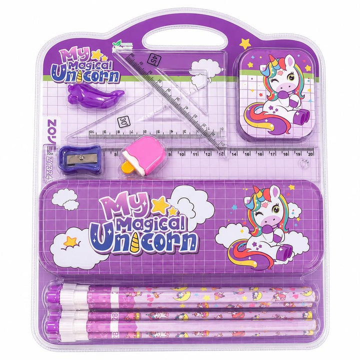 Unicorn Theme Stationery Gift | Pencil Box Kit with Pencils, Rulers & Sharpener for Kids & Students