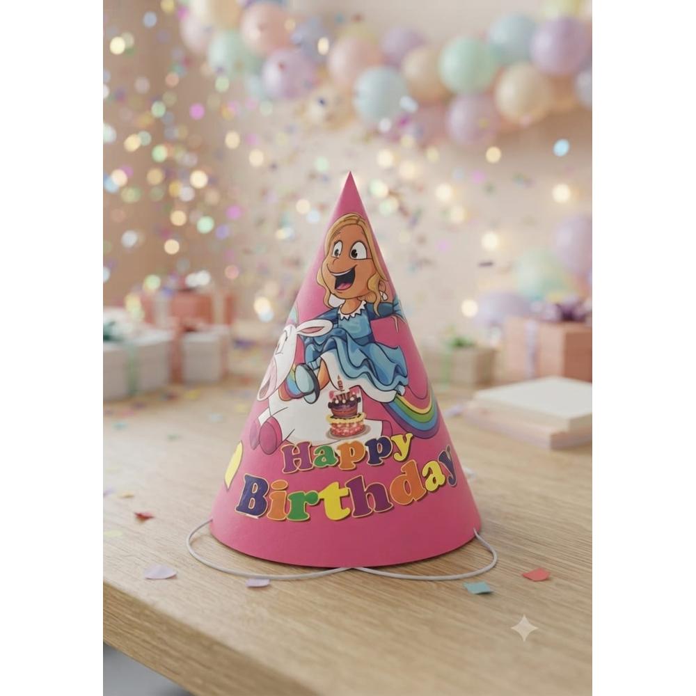 Kids Happy Birthday Party Cone Hats – Pink Unicorn Theme (Pack of 12)- Pink & Purple