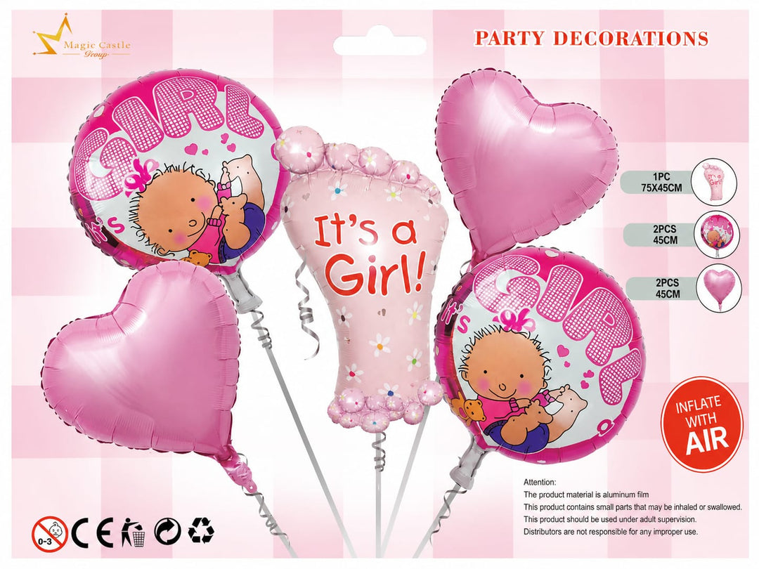 It's a Girl Foil Balloon Decoration Set(2 Heart Foil Balloons (45 cm), 2 Round "Girl" Printed Foil Balloons (45 cm), 1 Baby Foil Balloon (Approx. 75 × 45 cm), Inflation Straw)- Pink