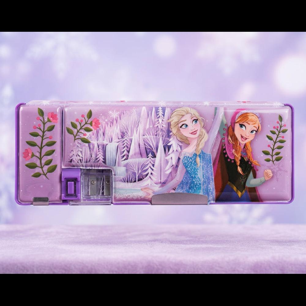 Licensed Disney Frozen Double-Sided Pencil Box with Built-in Sharpener for Kids | School Stationery Organizer