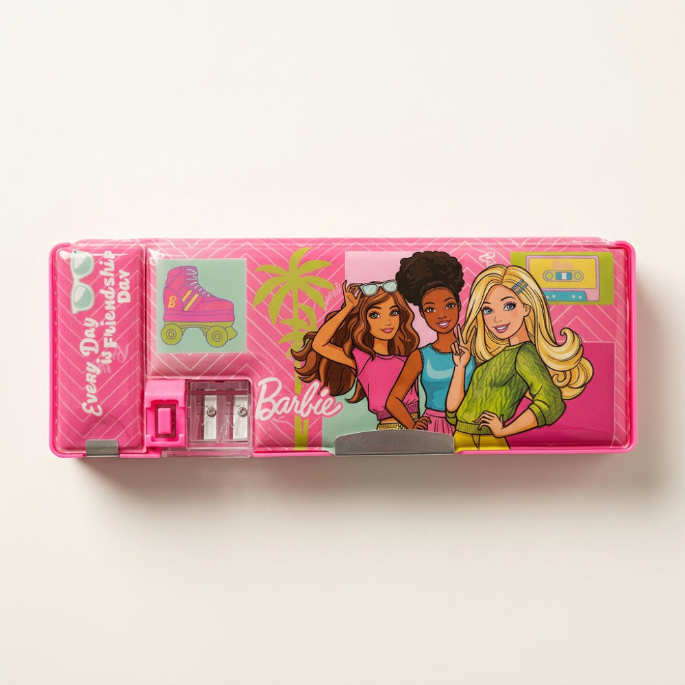 Licensed Barbie Double-Sided Pencil Box with Built-in Sharpener for Kids | School Stationery Organizer