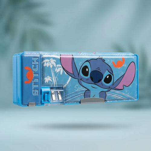 Licensed Disney Stitch Double-Sided Pencil Box with Built-in Sharpener for Kids | School Stationery Organizer
