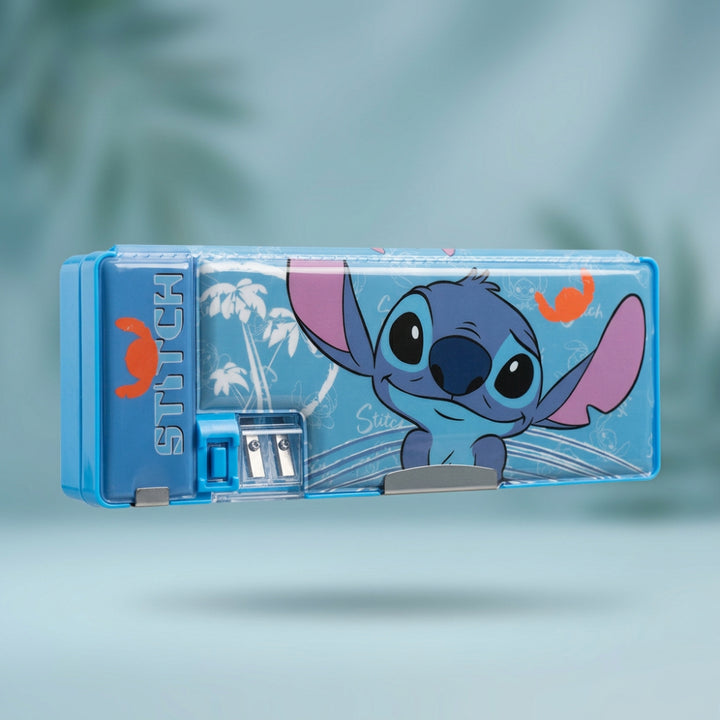 Licensed Disney Stitch Double-Sided Pencil Box with Built-in Sharpener for Kids | School Stationery Organizer