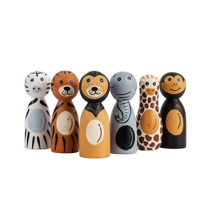 BABY YANK Handpainted Wooden Peg Dolls|Wild Animals Toys| Set Zoo for Pretend Play|Waldorf Inspired Improves Kids Imagination and Creativity (Set of 6)