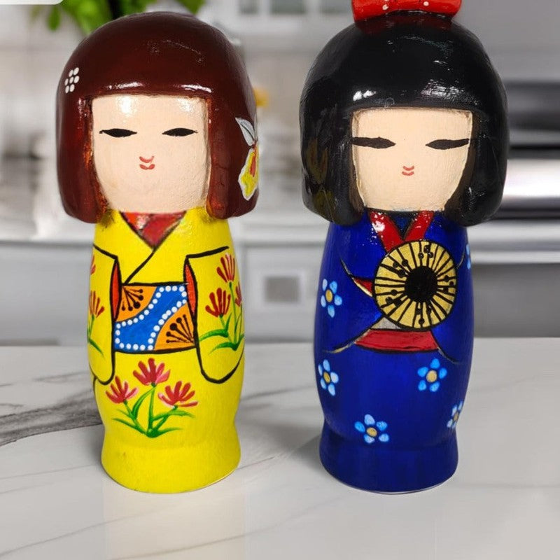 Handcrafted & Multicolored Painted Wooden Japanese Sisters (Dimensions: 142Mm)