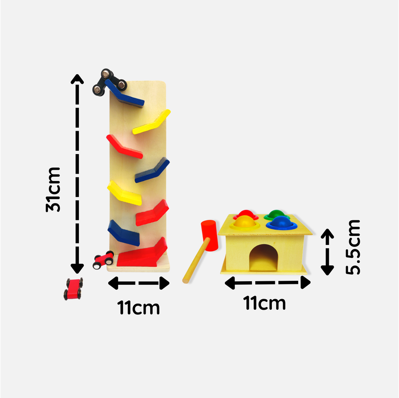 Wooden Combo Fun Rollin Slippery Track Car and Hammer with Ball Toy