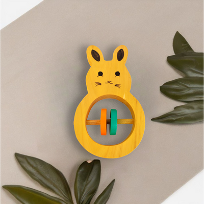 Wooden Rabbit Shaped Rattle with Colorful Rings